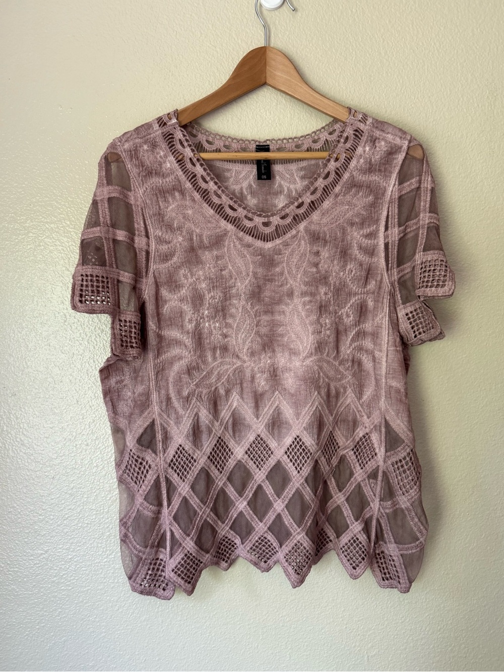 Sacred Threads Dusty Rose Crochet Lattice Short Sleeve Top